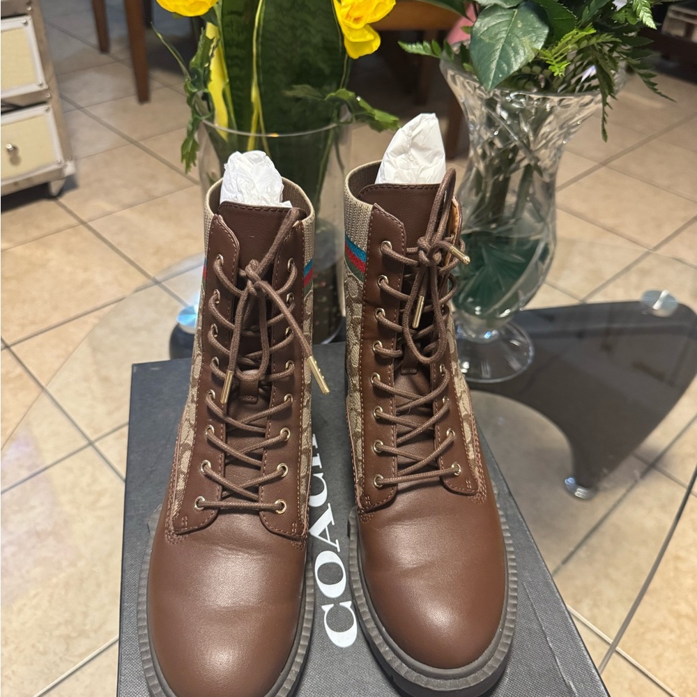 Aunthetic Libia Bootie in Sinature knit Coach Brown Leather Women Boots